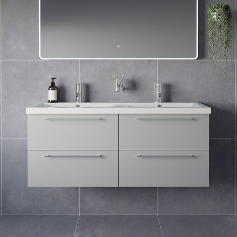 Napoli 390 Gloss Grey Pearl 1200mm Wall Mounted 4 Drawer Vanity Unit with Double Glide Basins - 1200mm - Chrome 320mm Handle