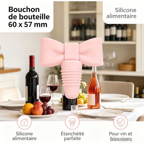 Bouchon étanche en silicone de qualité alimentaire pour vin, champagne et huile, design nœud papillon, diamètre 20,8 mm, 60 x 57 mm - Rose (1/5)
