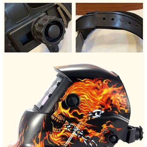 Casque de soudage à obscurcissement automatique, motif tête de mort enflammée, cagoule de soudage avec capteurs, alimentée par énergie solaire, avec plage de teintes réglable, grade 6 à 13 (1/4)