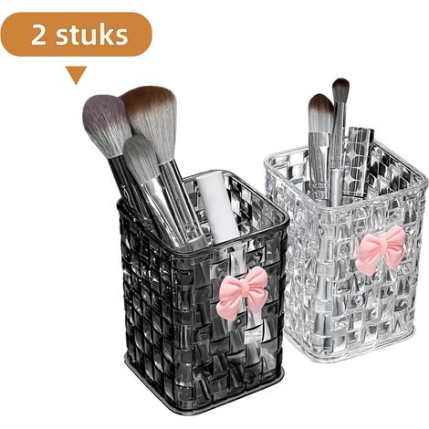 Lot de 2 boîtes de rangement bureau, blanc/noir, organise cosmétiques, texture roseau et nœud décoratif. (1/5)