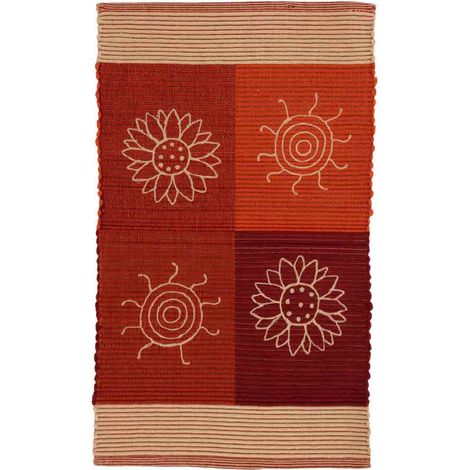 Tappeto SUMMER ROSSO disegno sole e fiori 100% cotone annodati a mano, passatoia stuoia cucina multiuso lavabile cm.55x110 (1/3)