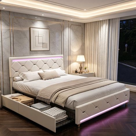 Letto contenitore 160x200 cm in velluto con cassetti, LED regolabile e USB, letto matrimoniale moderno
