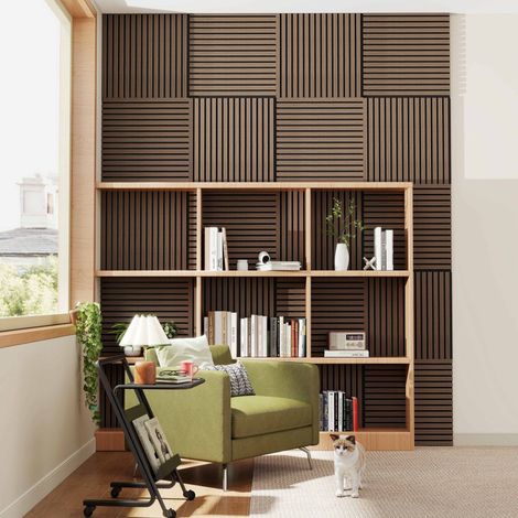 Set of 4 Decorative Acoustic Wall Panels MDF Wood 60x60cm  Walnut oak   Noise Reduction, Easy to Install