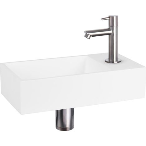 Differnz Solid kit lave-mains - 36x18.5x9cm - Rectangulaire - 1 trou de robinet - robinet chromé mat droit - Solid Surface blanche (1/5)