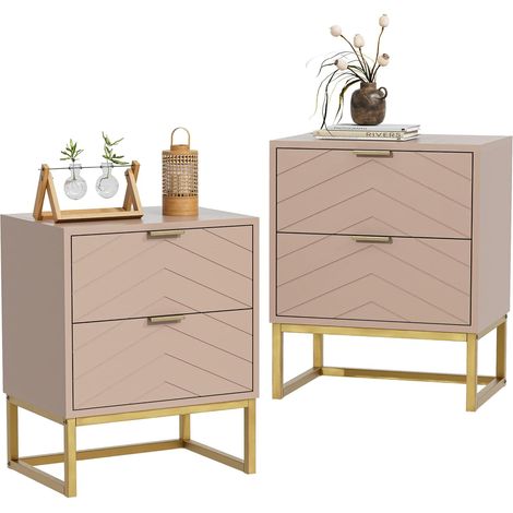 UEV Set di 2 Comodino Camera da Letto Motivo a V, Mobile Camera da Letto con Miniglie e Piedini in Metallo, Comodino Moderno e Stabile, 46x33,5x56,5cm, Beige Rosa (1/5)