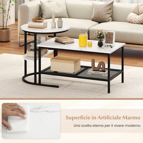 Ensemble de tables basses modulables blanc avec plateau en marbre synthétique et étagère pour salon, chambre et bureau (1/5)