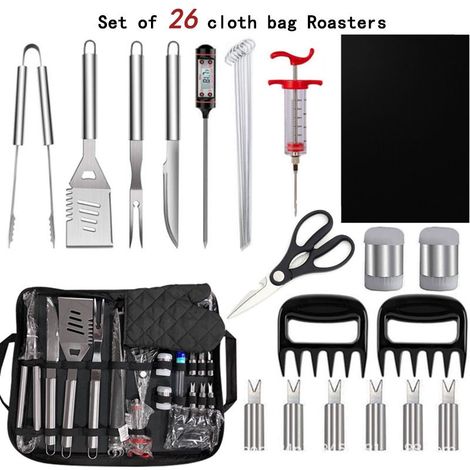 Ustensiles Barbecue, 26Pcs Kit Outils Barbecue Acier Inoxydable avec Sac Rangement, Set Barbecue Portable Extérieur Cadeau de Barbecue Idéal pour Les Hommes (1/5)