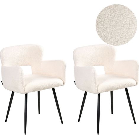 Set of 2 Modern Dining Chairs Boucle Fabric Upholstery Seat with Armrests Tufted White Sanilac (1/5)