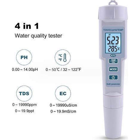 pH-mètre 4 en 1, testeur de qualité de l'eau, pH/EC/TDS/température, étanchéité IP55, arrêt automatique, écran rétroéclairé, blanc, PH-686 (1/5)
