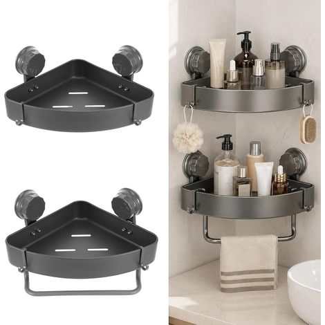 Lot de 2 étagères d'angle de douche à ventouse, sans perçage, avec barre de serviette et crochets, étagères d'angle de salle de bain à ventouse pour salle de bain (gris) (1/5)