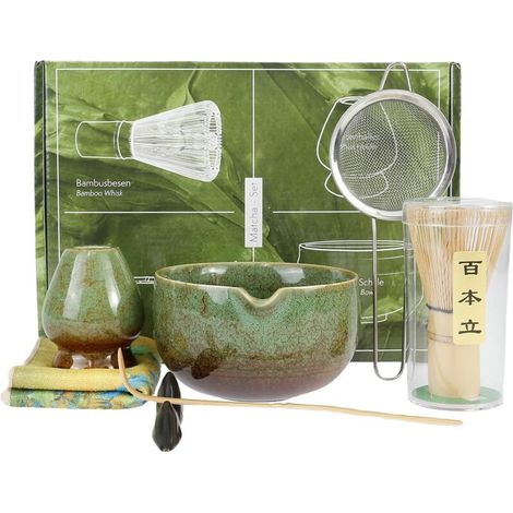 Ensemble matcha japonais, 8 pièces – bol bleu avec bec verseur, céramique artisanale et fouet . (1/5)