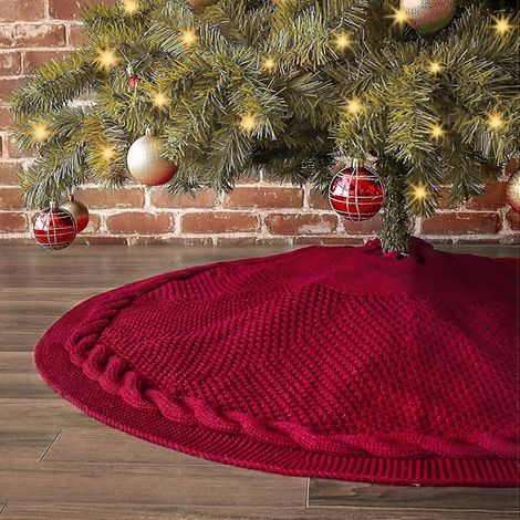 Jupe de sapin de Noël, 122 cm, maille torsadée épaisse, style rustique, bordeaux (1/5)