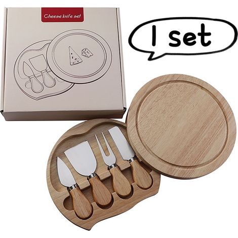 coffret plateau à fromage coffret rond en bois d'hévéa coffret de 4 pièces couteau et spatule à fromage ustensiles et couverts en acier inoxydable coffret cadeau couleur bois naturel (1/5)
