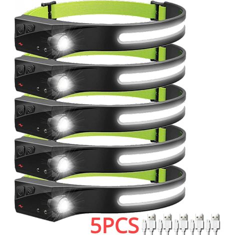 (Lot de 5) Lampe frontale rechargeable USB avec capteur LED et batterie intégrée, idéale pour le camping et la pêche. (1/5)