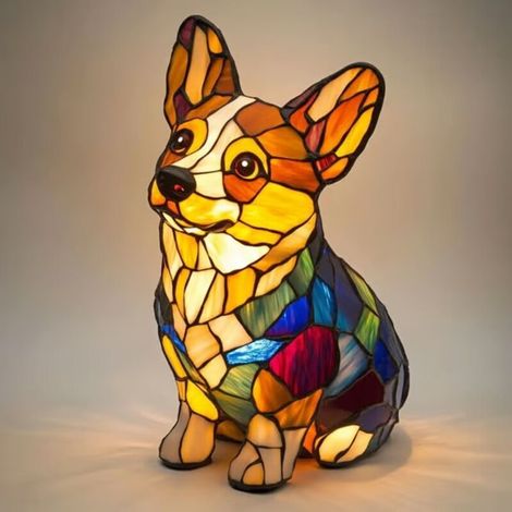 Lampe Chien - Résine Colorée Style Vitrail - 20 cm - Alimentation Secteur Avec Interrupteur - Pour Décoration Intérieure - 1 Pièce (1/5)