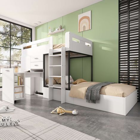 Lit superposé enfant 90x200 cm avec bureau extensible, armoire, tiroirs et étagères, sommier inclus, lit multifonction rangement, sans matelas, blanc (1/5)