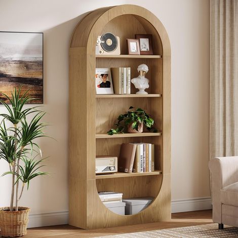 Tribesigns 5-Tier Bookcase, 180 cm Tall Arched Bookshelf with Open Shelves, Wooden Free-Standing Display Shelves with Storage, Shelving Unit for Living Room, Home Office, Bedroom