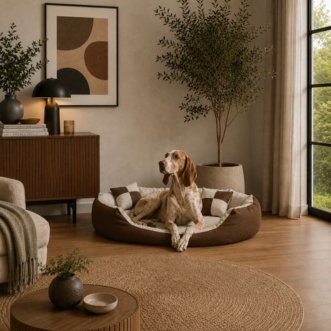 belviona 4-in-1 Hundebett, Hundekörbchen mit Wendekissen, wasserabweisend, tiefer Einstieg & 2 Spielkissen, 110x80 cm, braun/beige (1/5)
