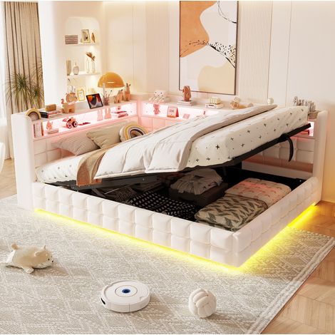 Divano letto imbottito 217x155.5x85 cm, con contenitore idraulico, ripiani in legno, LED, velluto beige (1/5)