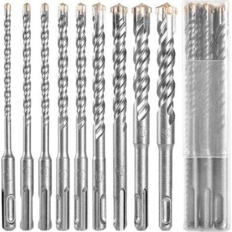 Coffret de mèches et burins SDS-Plus 9pcs – Forets pour béton, carrelage, brique, pierre – Acier au carbure, 5mm à 16mm, 160mm de long