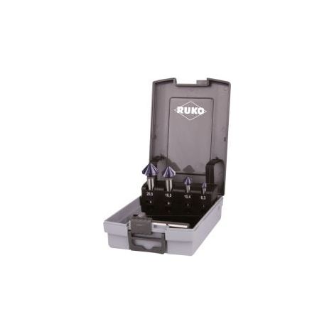 RUKO  Juego  de  avellanadores  cónicos  y  desbarbadores  DIN  335  Forma  C  90°  HSS-TiAlN  en  estuche  de  plástico  -  5  piezas  -  102154FRO