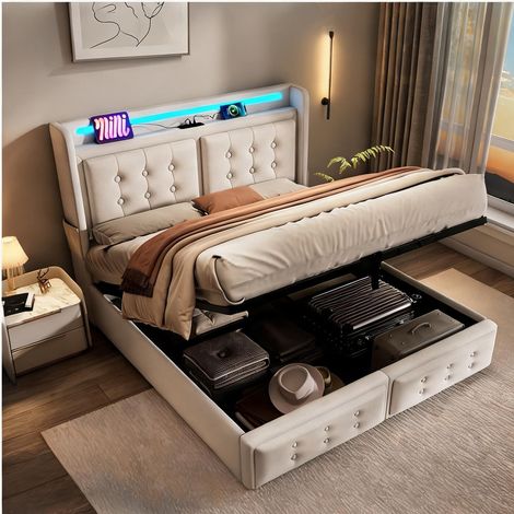 Tête de lit beige en coton lin 220 x 161 x 109 cm (1/5)