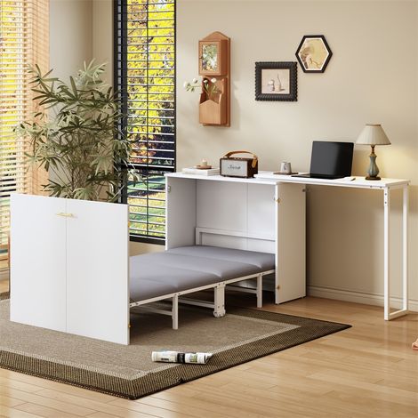 Lit Escamotable avec Bureau Pivotant et Matelas - 90x200cm - Gain de Place avec Roulettes - Design Moderne - Blanc Pur (1/5)