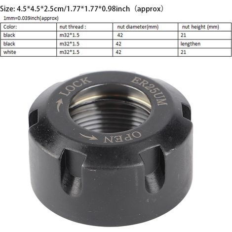 Écrou de serrage équilibré dynamiquement ER25UM pour porte-pince de tour, fixation M32 x 1,5, couleur noire, 1 pièce, métal durable. (1/5)