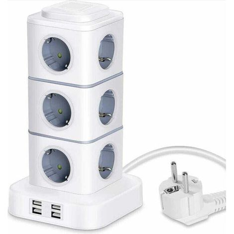 Tour Multiprise, 12 Prises Multiprise Electrique (2500W / 10A) avec 4 Ports USB, Multi Prises électriques Parafoudre Multiprise Verticale pour Maison Bureau, Rallonge 3M - RWMultiprise.. (1/4)