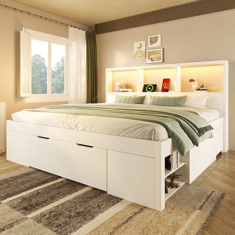 Letto matrimoniale in legno bianco 140x190 cm con comodino mobile, cassetto, scaffali, LED e USB-C (1/5)