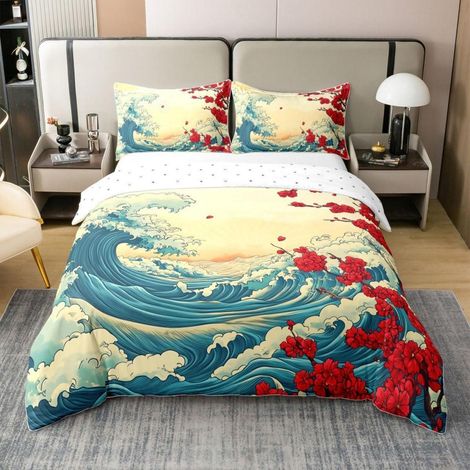 Ensemble de literie 3 pièces 200x200 cm Style japonais Ukiyo-e Vagues Coton