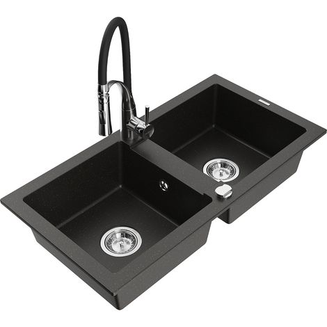 Mexen Mario granitspüle 2-becken mit küchenarmatur Aster, schwarz/gold metallic - 6504-75-73450-07 (1/5)