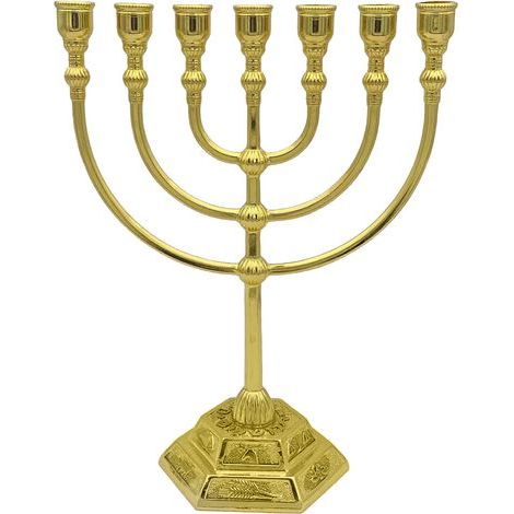 Eosnow Bougeoir menorah à 7 branches Temple de Jérusalem 12 tribus d'Israël 6,69 pouces de hauteur Support Hanukkah antique pour décoration de fête de vacances juive Or 17x13,5 cm