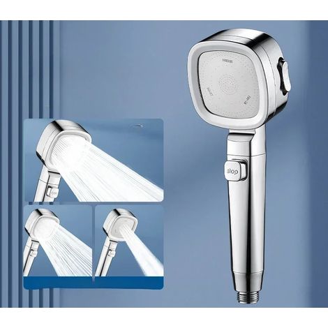 (Argent) Pommeau de douche haute pression à économie d'eau, trois modes réglables, arrêt à un bouton, jet de massage. (1/5)