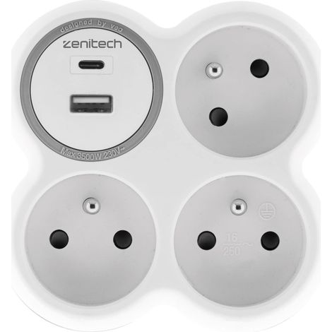 Multiprise 3 Prises 2 Ports USB 16A 2P+T Blanc (1/5)