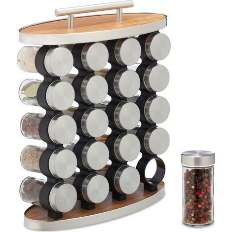 Relaxdays Lot de 20 pots à épices avec support, embouts tamiseur, transportable, remplir, argenté et transparent (1/5)