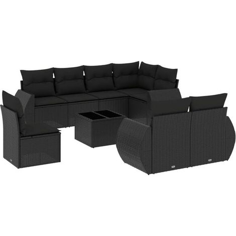 Ensemble de Meubles de Jardin en Rotin Résine 9 Pièces avec Coussins Noirs (1/5)