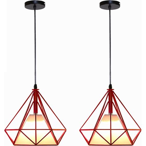 Lampada a Sospensione, Plafoniera Vintage con Gabbia di Ø25cm Diamante, Illuminazione E27 per Soggiorno Sala da Pranzo Taverna (2PCS Rosso) (1/5)