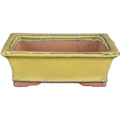 Vaso per bonsai rettangolare in gres smaltato giallo-verde 22x17x6,5 cm - GA1B