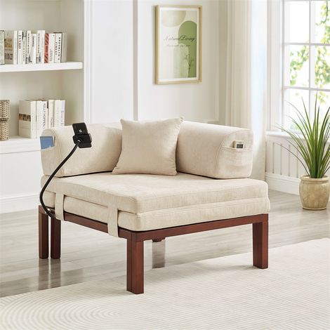 Fauteuil convertible 1 place en bois massif - 176 x 81 x 64 cm - Canapé lit en velours, avec coussin et dossier moelleux - beige (1/5)