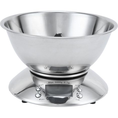 Balance de cuisine en acier inoxydable, précision 1 g à 5 kg, grand bol amovible.