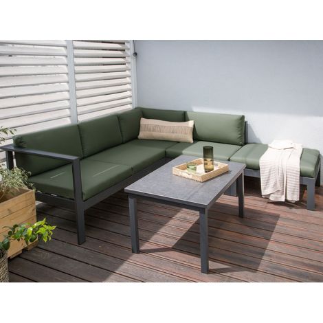 Conjunto de jardín 5 plazas sofá y mesa estructura negra tablero de vidrio y cojines verdes Messina (1/5)