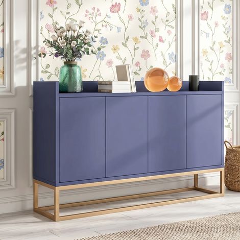 Buffet Bois avce 4 Portes Sans Poignée - Meuble de Rangement, Cadre Métal - Buffet Scandinave - Bleu Marine, 120x30x80 cm