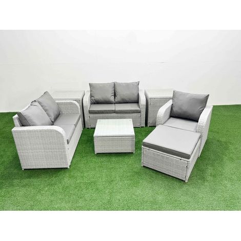 Fimous High Back Poly Rattan Garden Furniture Set with Reclining Chair Loveseat Sofa Square Coffee Table Indoor Outdoor Patio Set Big Stool 2 Side Table Light Grey (1/4)