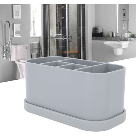 Porte-brosses à dents et dentifrice en silicone gris, 5 emplacements, trous de drainage, organisateur de comptoir de salle de bain multifonctionnel pour cosmétiques et soins de la peau (1/5)