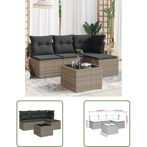 The Living Store 5-tlg. Garten-Sofagarnitur mit Kissen Grau Poly Rattan - Gartenmöbel Set - PE-Rattan Möbel - Outdoor Sofa - Esstisch - Lounge Garnitur (1/3)