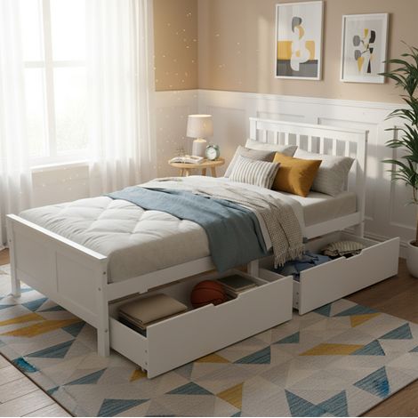 Lit une place blanc 90 x 200 cm en bois et MDF, avec 2 tiroirs de rangement sur roulettes, tête de lit à barreaux – de FLORAGRACE pour chambre adulte ou enfant (1/5)