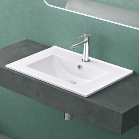 Mai & Mai Lavabo Encastré en Céramique 60cm Blanc Lave Mains Rectangulaire avec Perçage de Robinet et Trop-Plein 61x47x18cm BR912