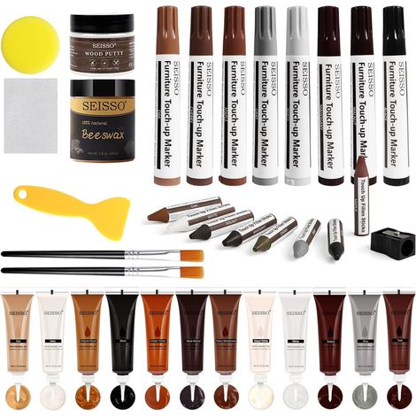 36 pcs Kit Reparation Parquet, 100 g Mastic à Bois à Base d'eau 12 Couleurs Bouche-pores Pour Bois, 8 Couleurs feutre retouche bois, 8 Couleurs crayon de cire, Huile De Cire (1/5)