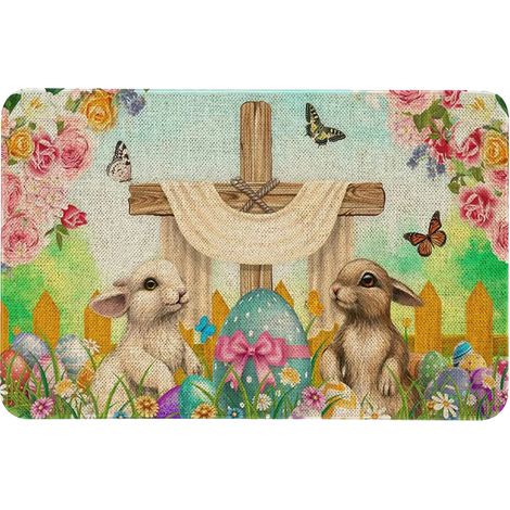 1 Tapis de sol, motif lapin de Pâques, design fleuri, usage intérieur extérieur, entrée couloir (1/5)
